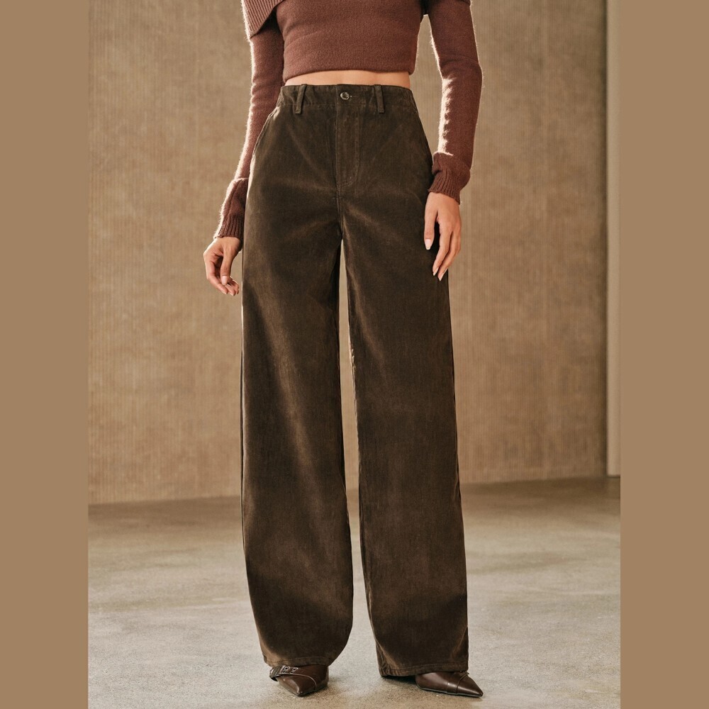 Olive Brown Velvet Flocked High Waist Wide Leg Trousers